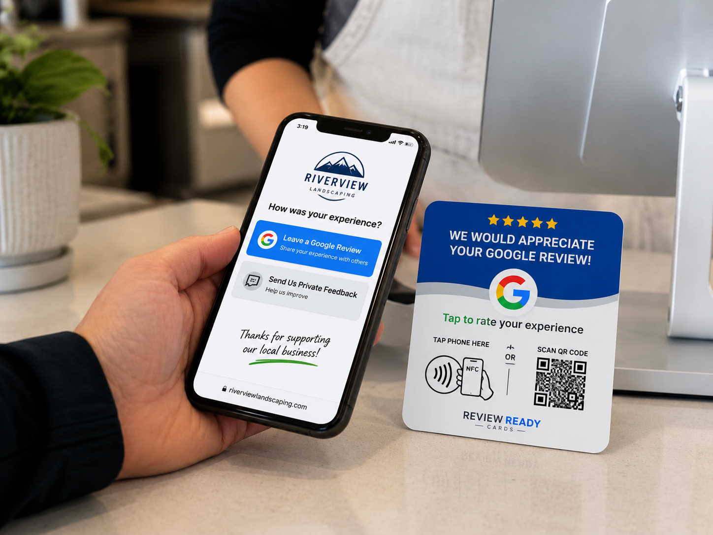 Customer tapping a phone on a Review Ready Card to open the business review page