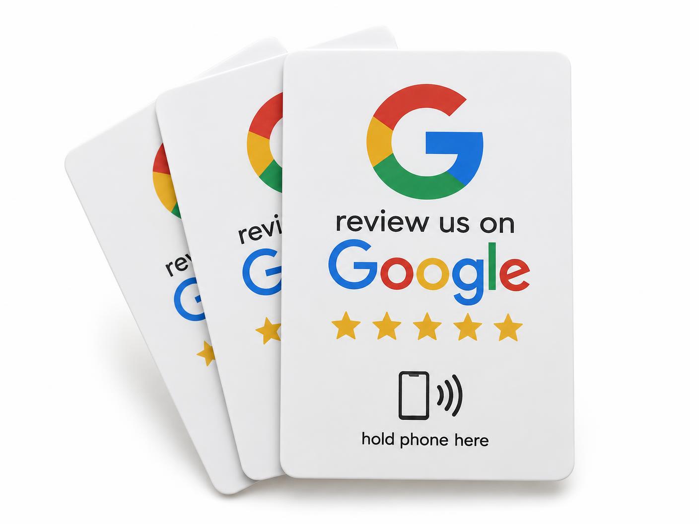Three white wallet-sized tap-enabled Google review cards