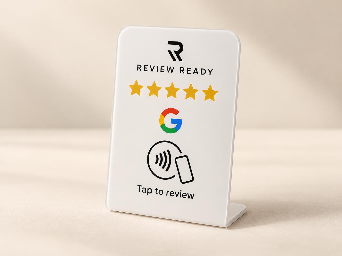 White Review Ready Google review plaque for a business counter
