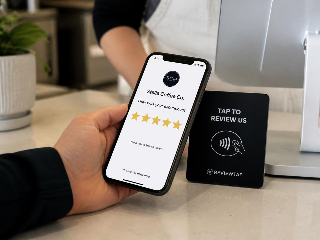 Customer tapping a phone on a Review Ready Card to open the business review page